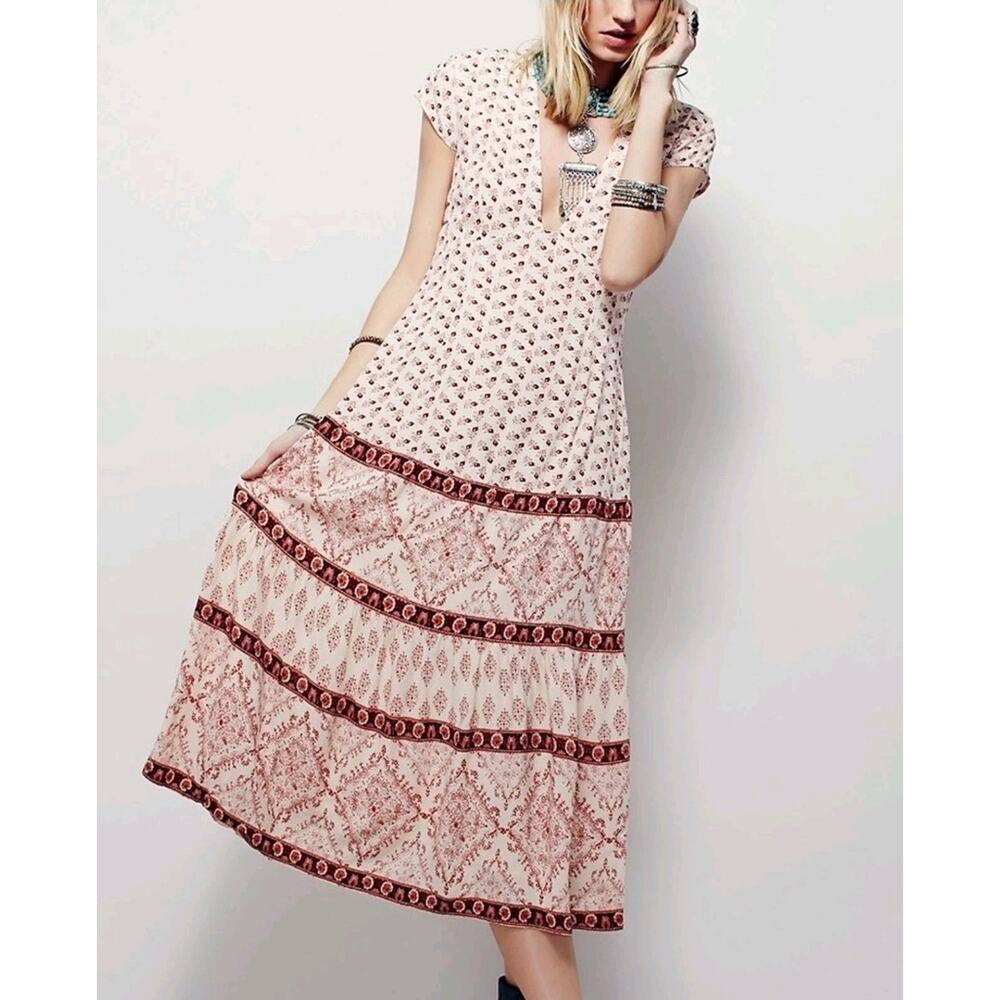 Free People Bella Notte Midi Dress Pink Combo, Boho Cottagecore Prairie | 6 EUC